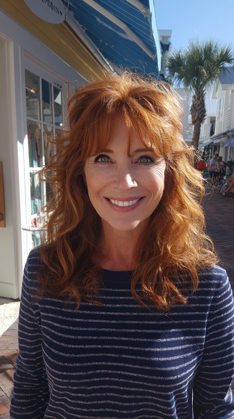 Voluminous Copper Shoulder-Length Cut with Curtain Fringe
