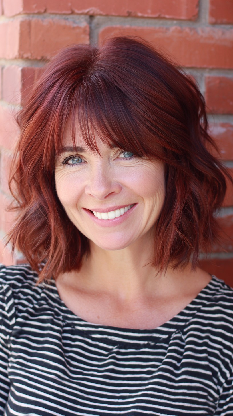Warm Auburn Textured Chin-Length Shag with Soft Micro-Fringe