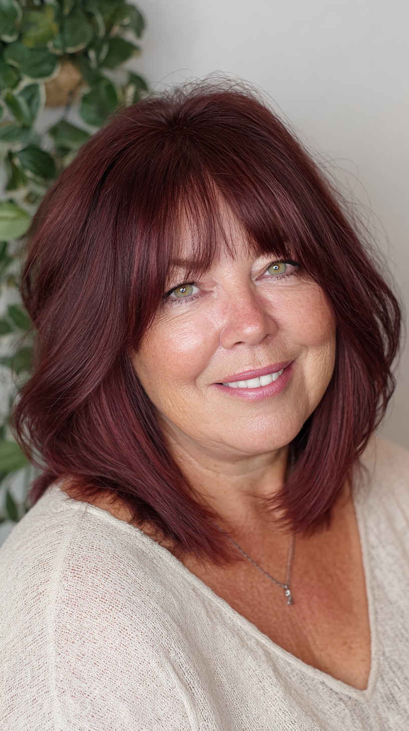 Warm Burgundy Layered Lob with Wispy Micro-Bangs