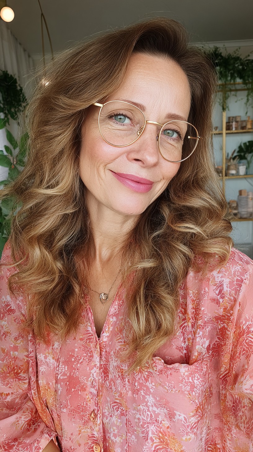 Warm Caramel Long Layers with Face‑Framing Curtain for Glasses