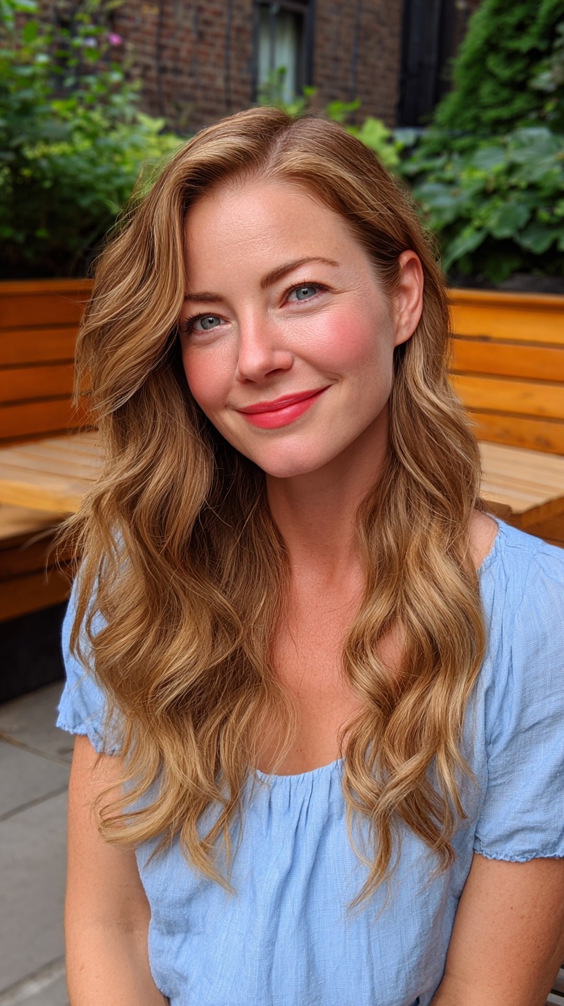 Warm Caramel Long Layers with Face‑Framing Sweep