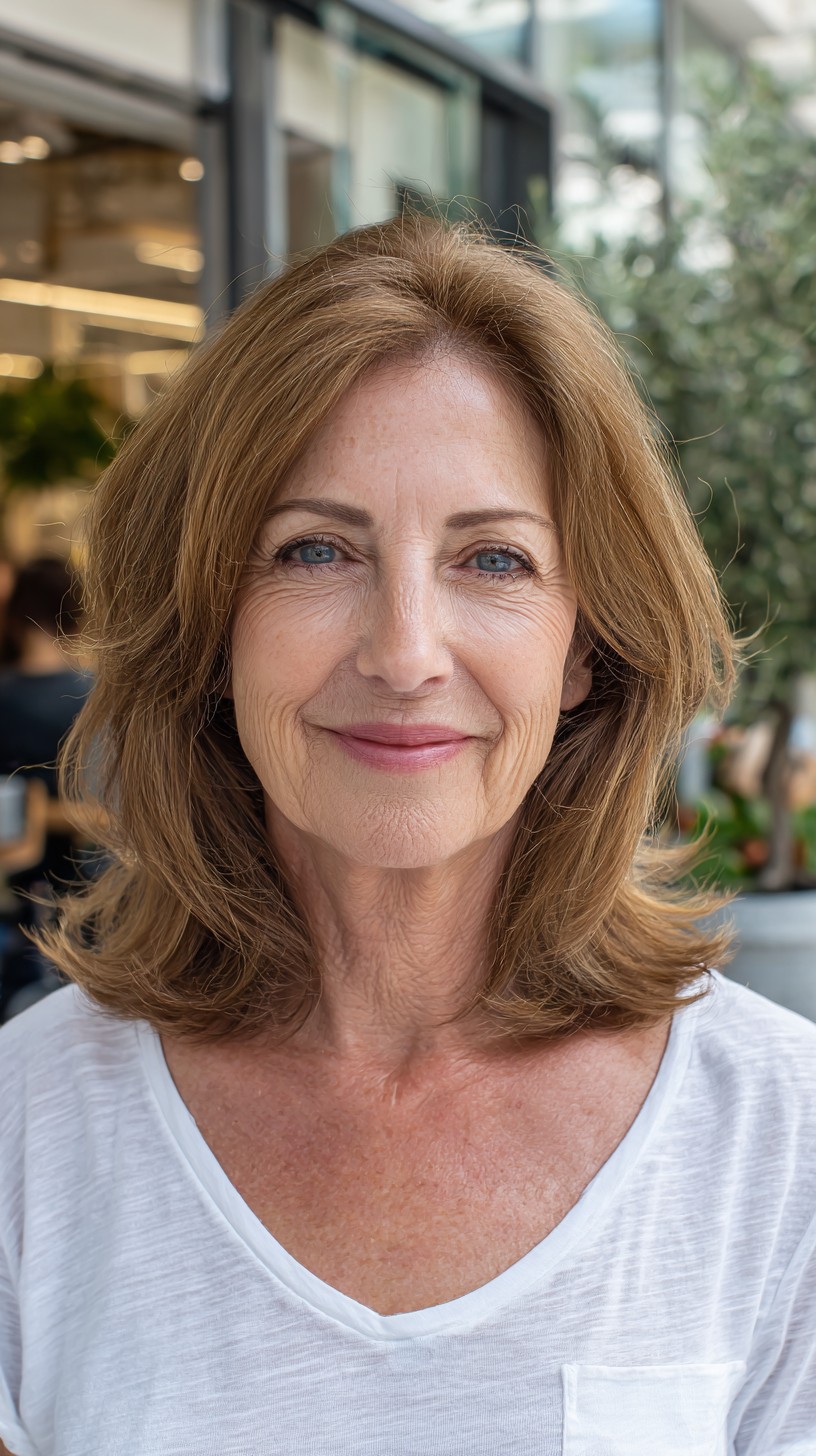 Warm Caramel Shoulder-Length Layers with Root Shadow and Flipped Ends
