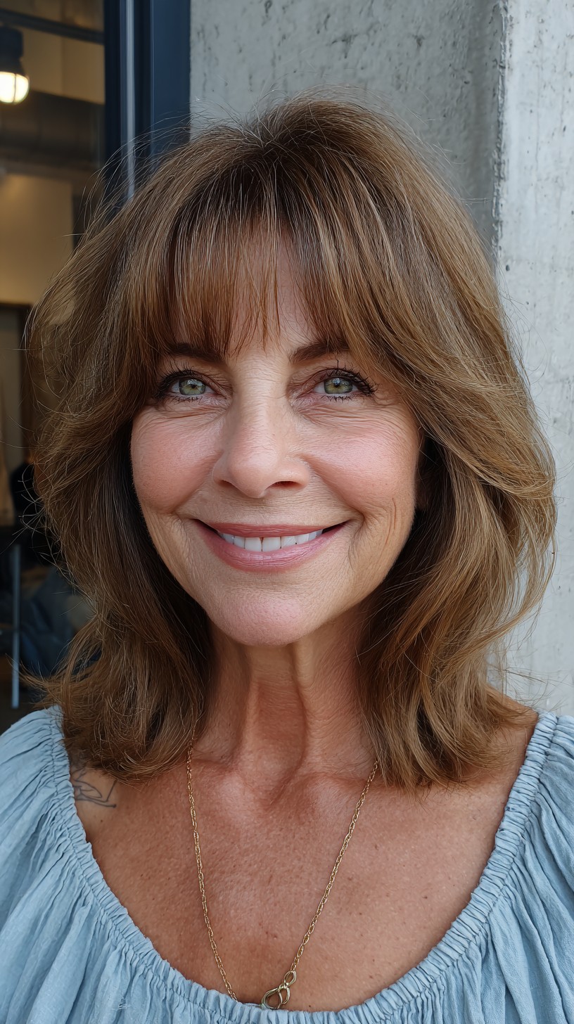 Warm Chestnut Layered Shoulder-Length Cut with Wispy Brow-Grazing Bangs