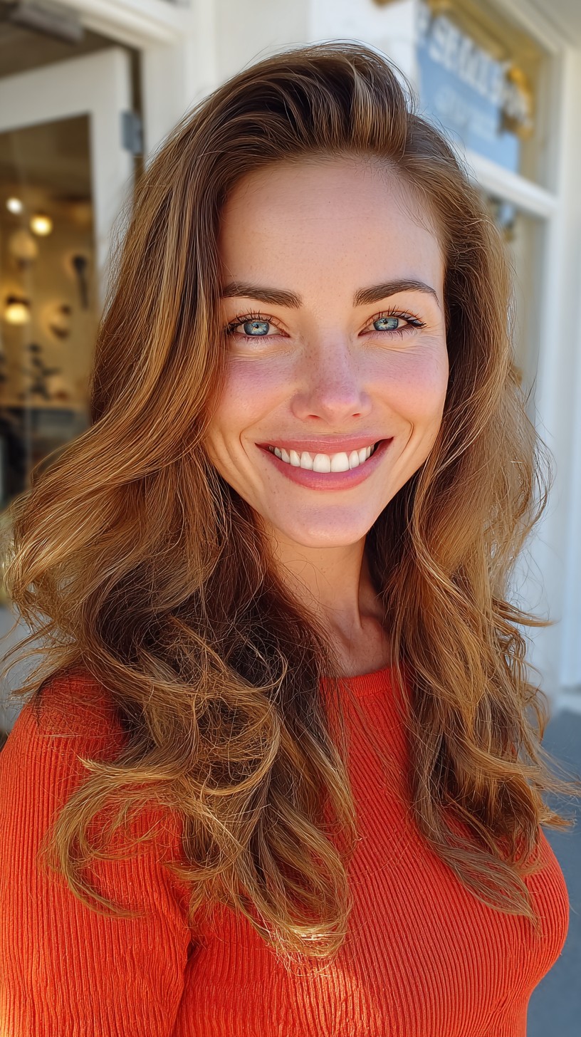 Warm Chestnut Long Layers with Root Shadow and Deep Side Part
