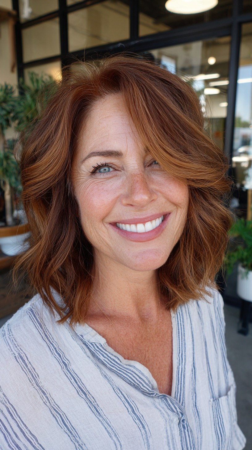 Warm Copper Layered Collarbone Lob with Curtain Face-Framing