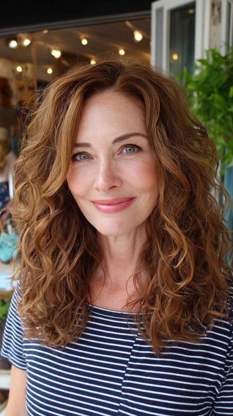 Warm Copper Mid-Length Curly Layers with Crown Lift
