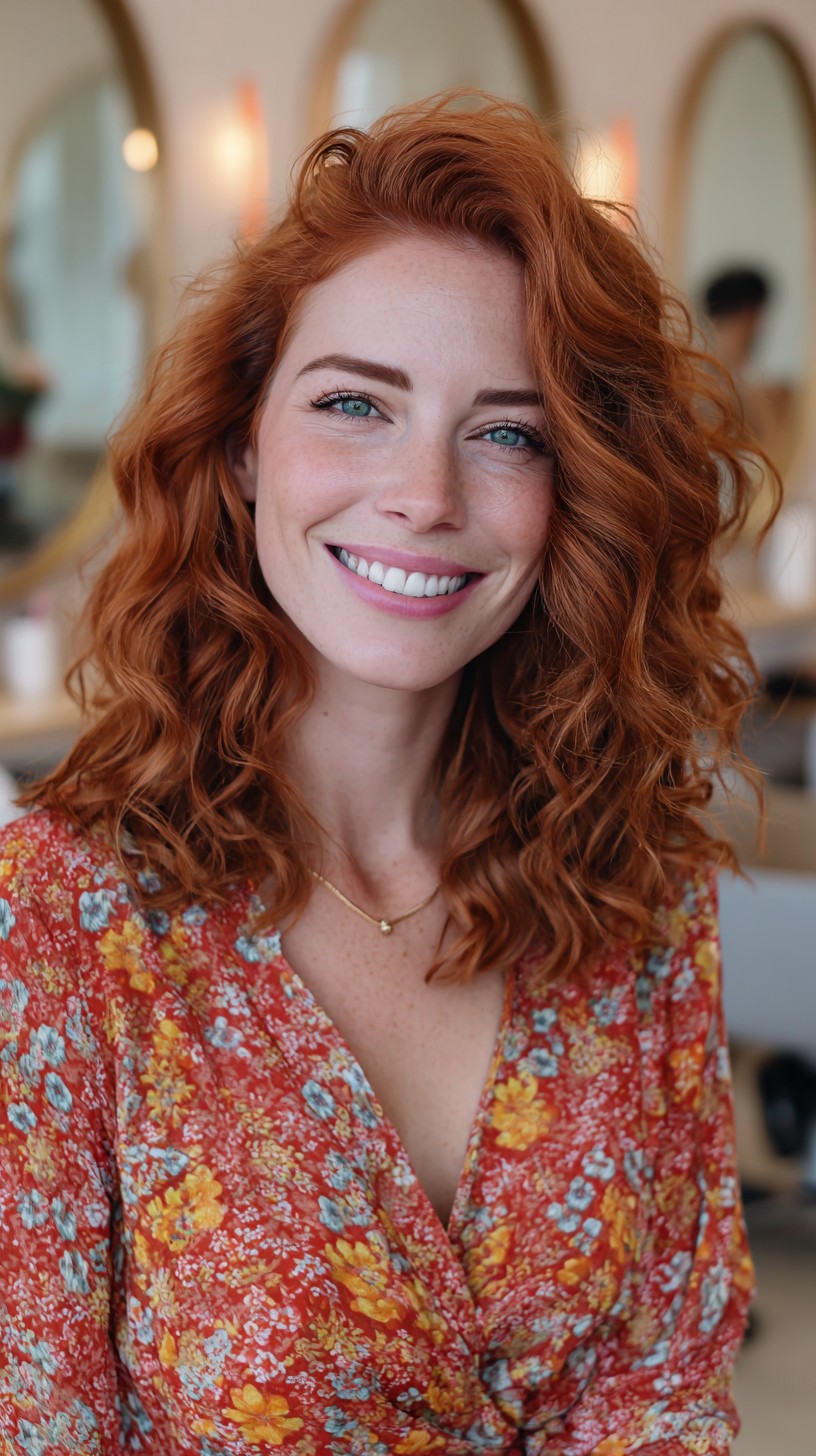 Warm Copper Shoulder-Grazing Curly Lob with Lifted Deep Side Part