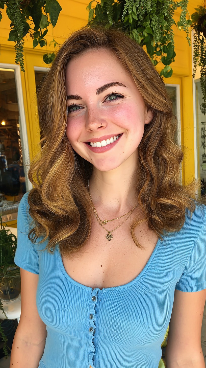 Warm Golden Brown Shoulder-Length Side-Part with Soft Waves