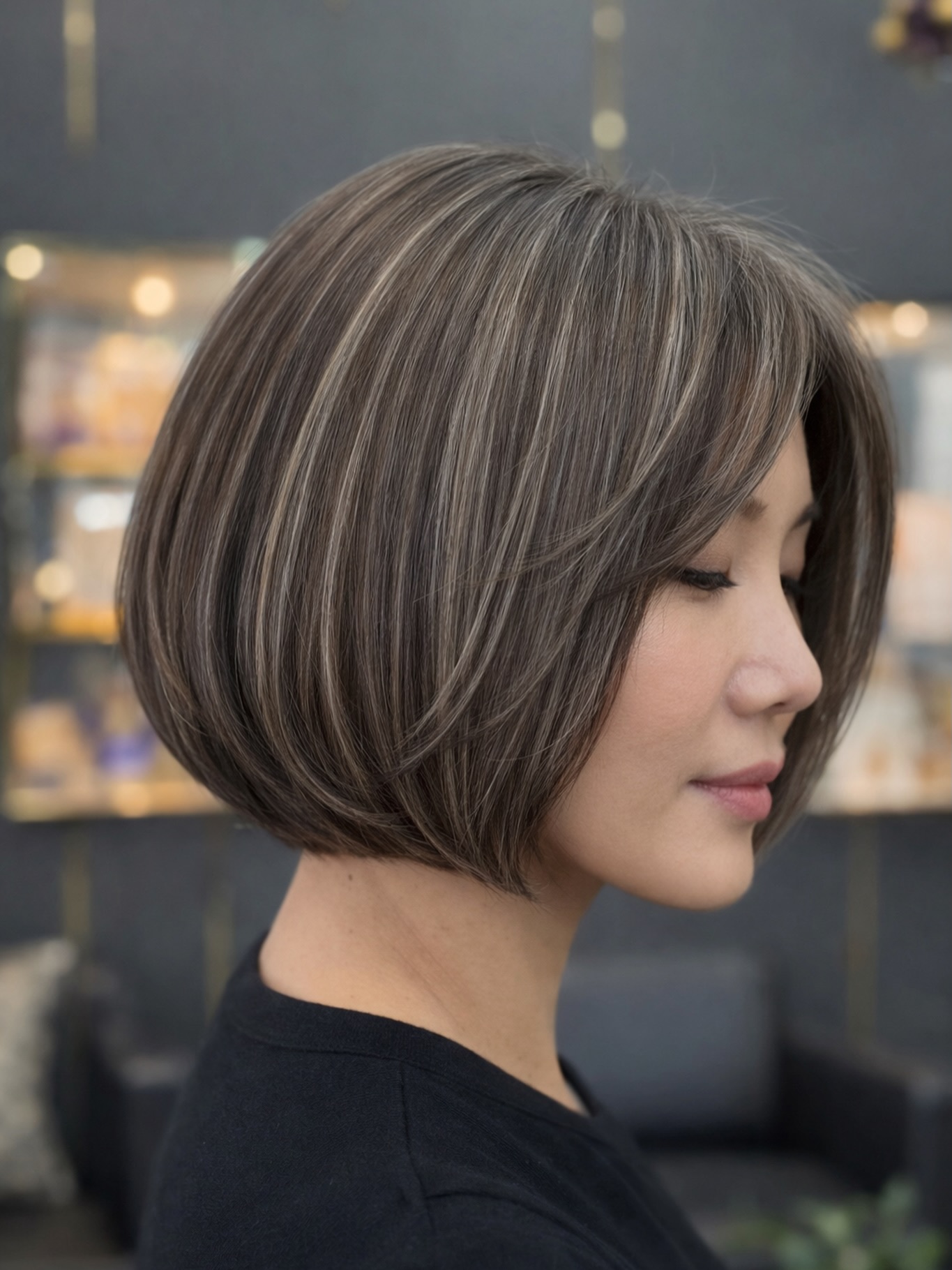 Ash-Bronde Rounded Chin-Length Stacked Bob with Root-Smudged Highlights