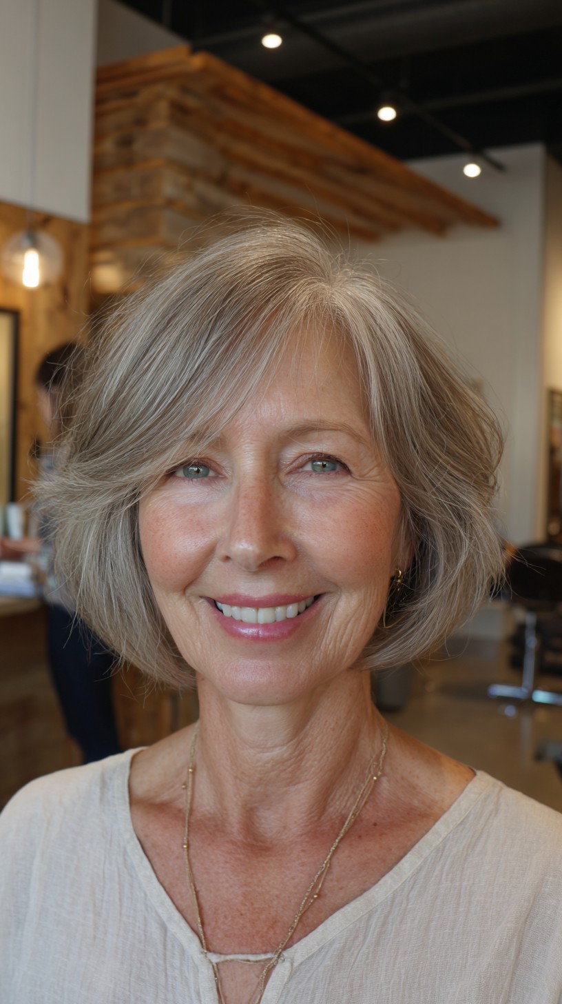 Brushed-Silver Rounded Bob with Diagonal Face-Framing Layers