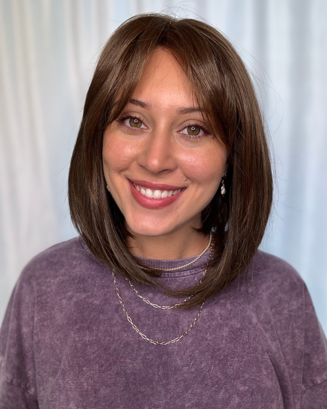 Chestnut Collarbone Lob with Center-Softened Curtain Fringe