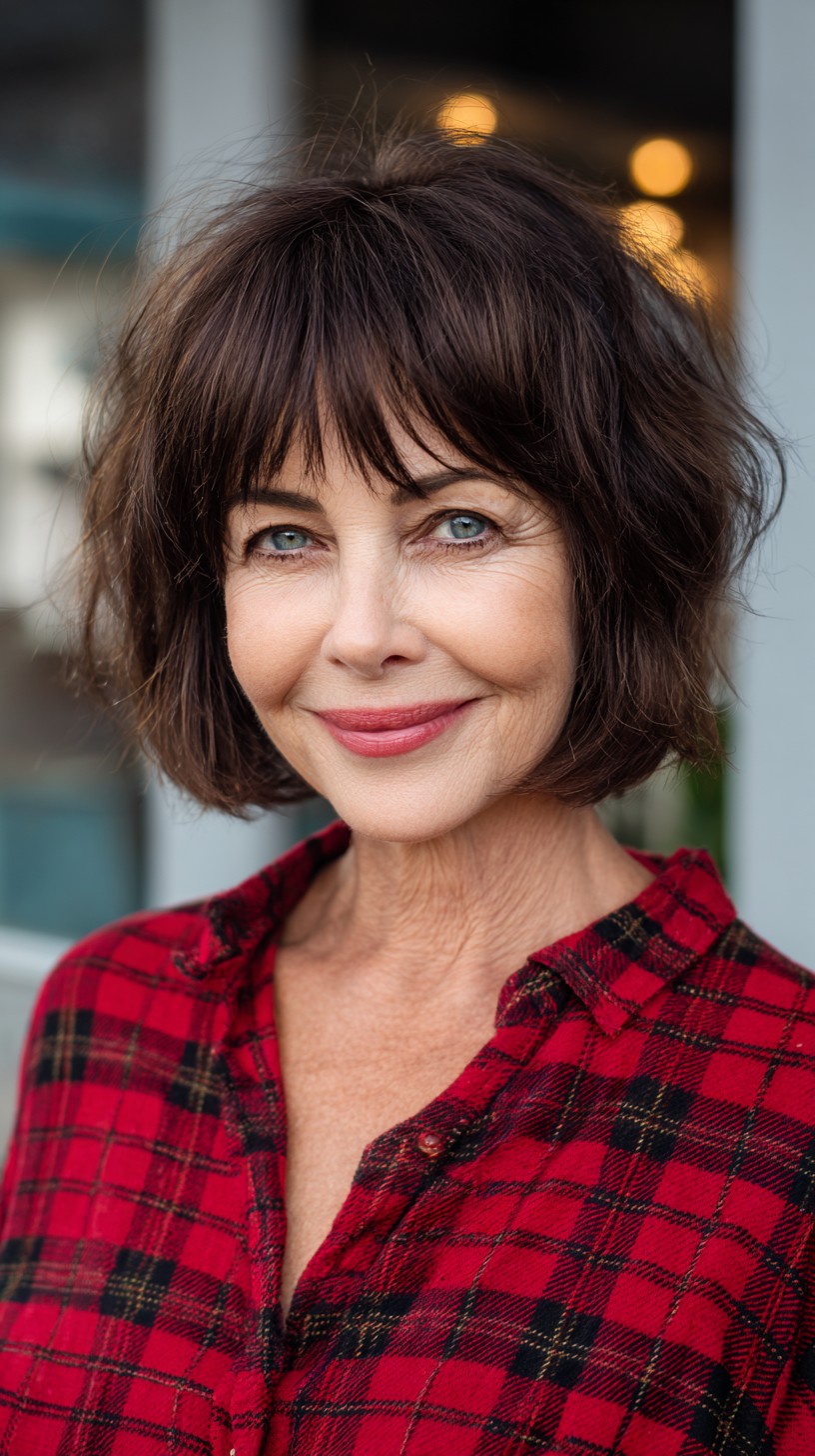 Chestnut Textured Chin-Length Bob with Feathered Micro Fringe