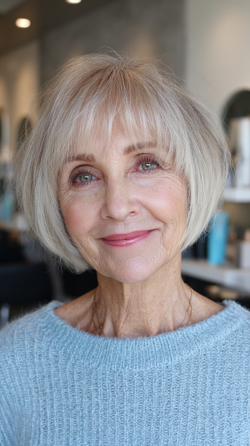 Chic Silver Chin-Length Bob with Soft Blunt Fringe