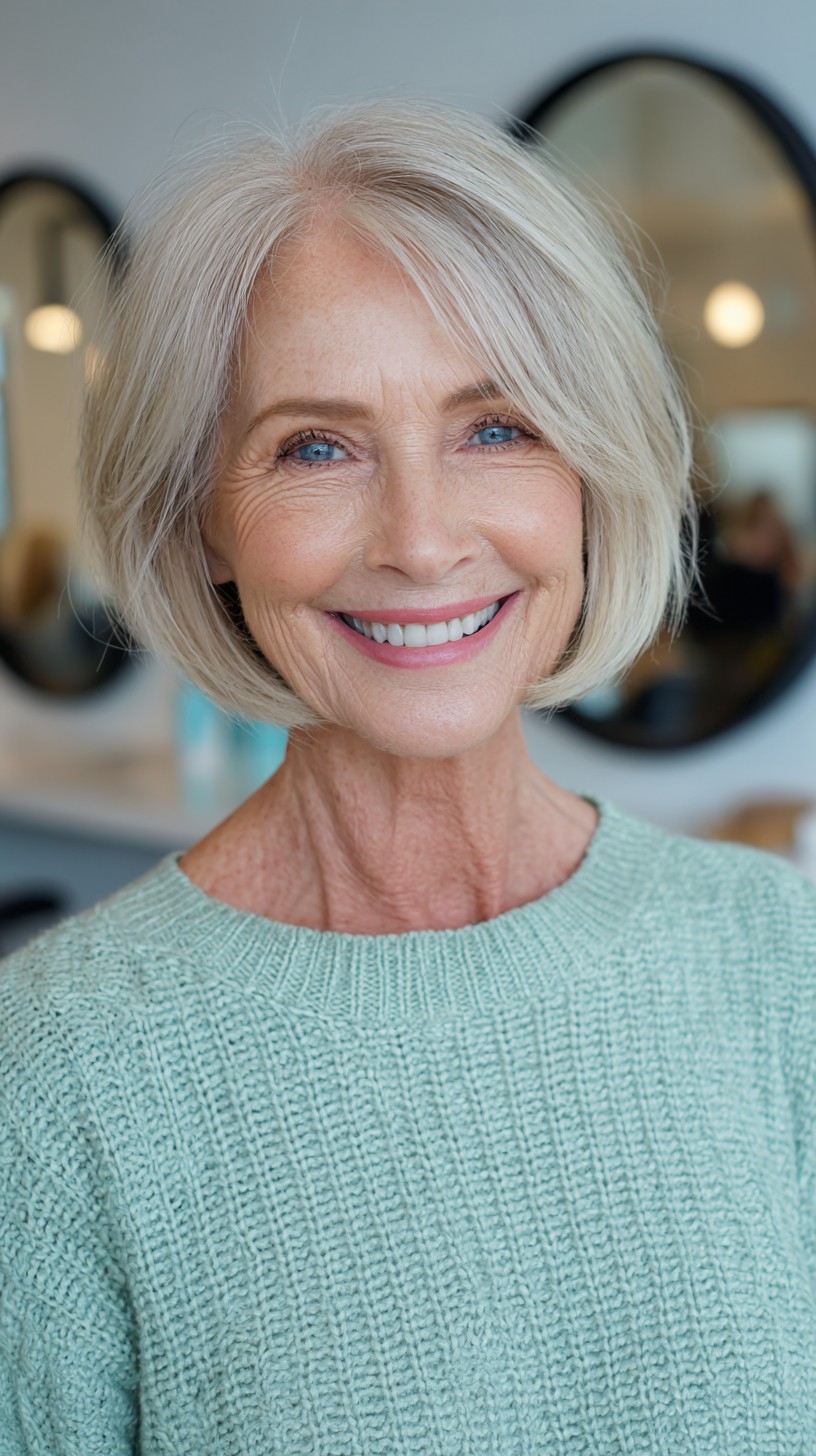 Chin-Length Silver Bob with Subtle Root Shadow and Face-Framing Layers