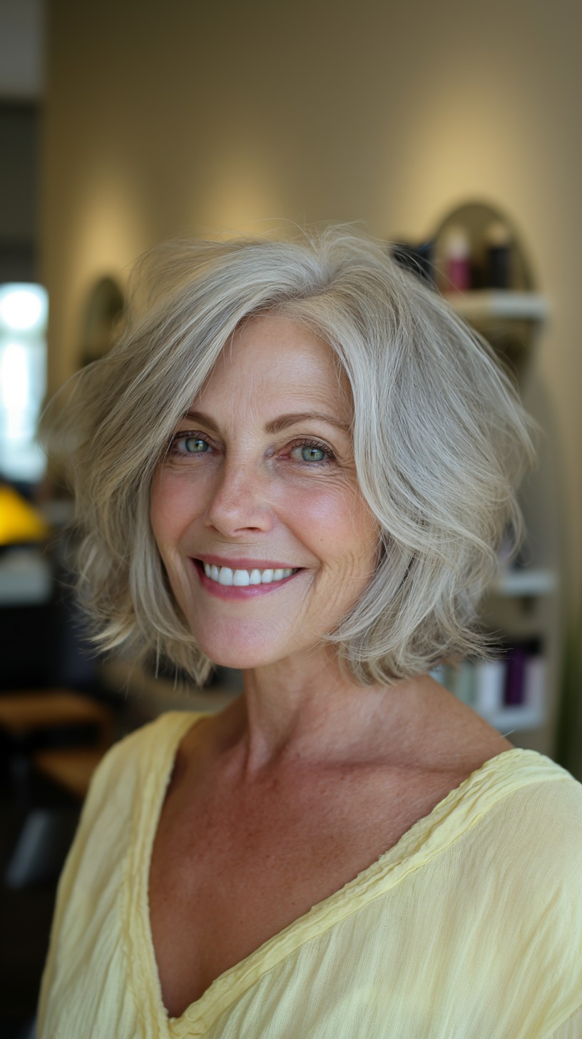 Chin-Length Silver Textured Bob with Soft Side Part