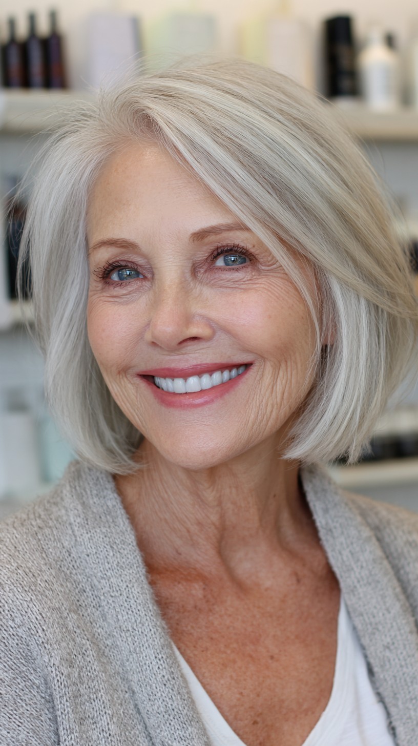 Cool Silver Rounded Chin-Length Bob with Soft Stacking