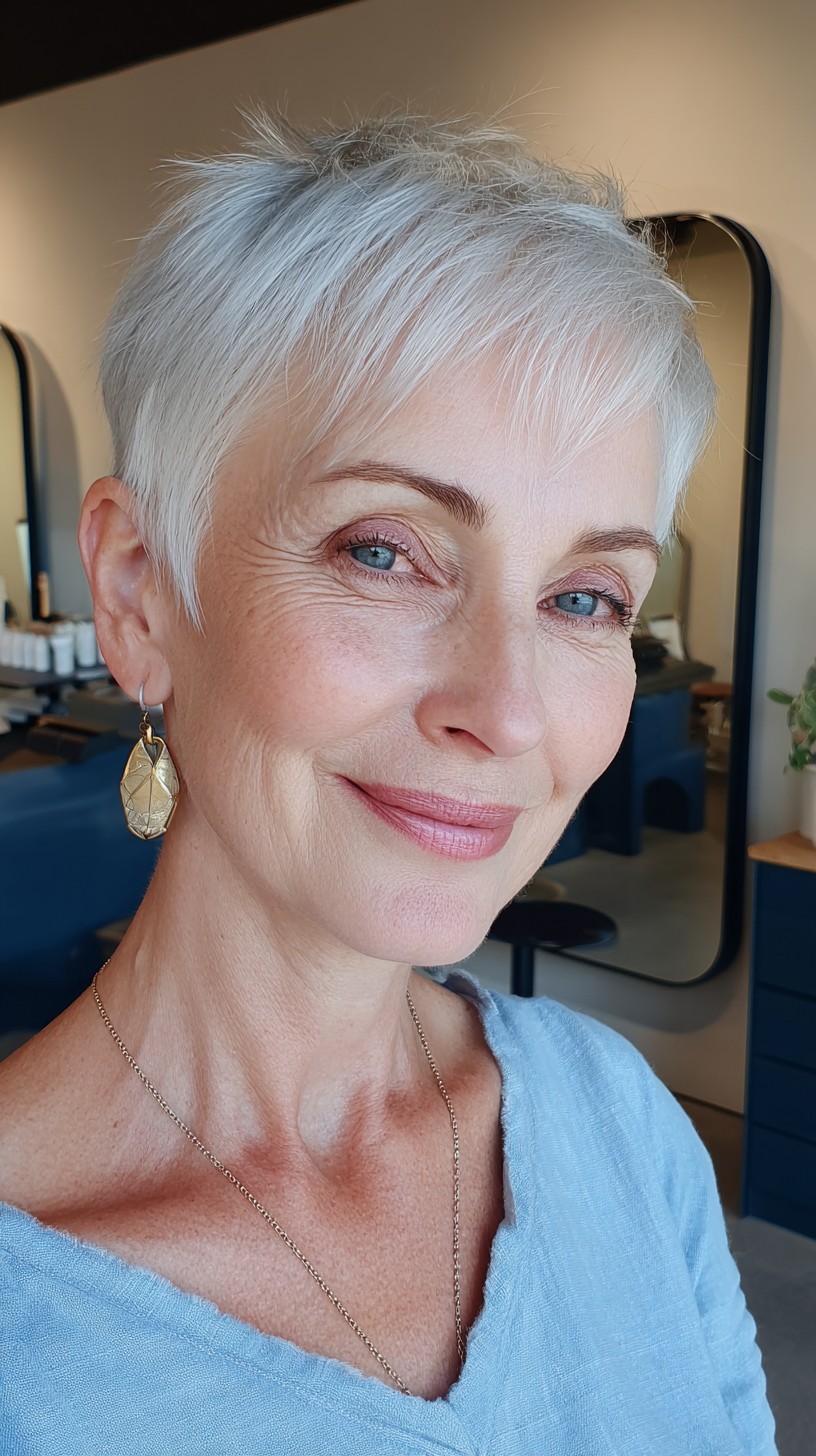 Crisp Silver Pixie with Feathered Micro-Bangs and Tapered Sides