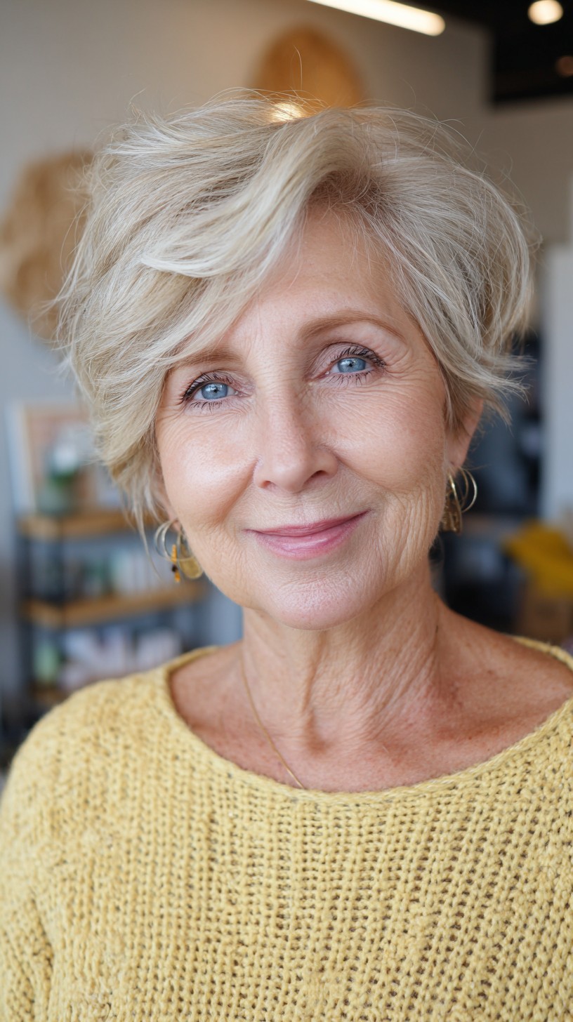 Feathered Silver-Blend Pixie with Long Side Fringe