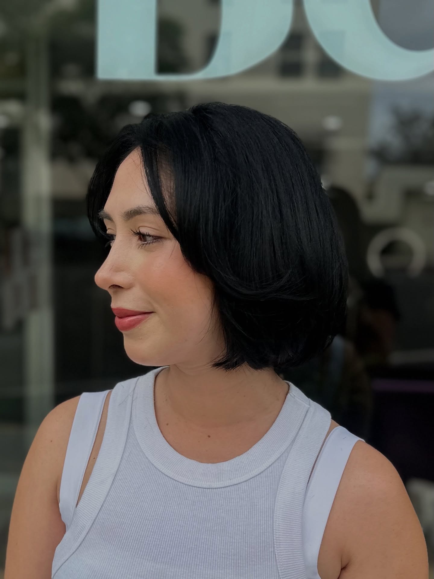 Glossy Black Chin-Length Rounded Bob with Soft Face-Framing Layers