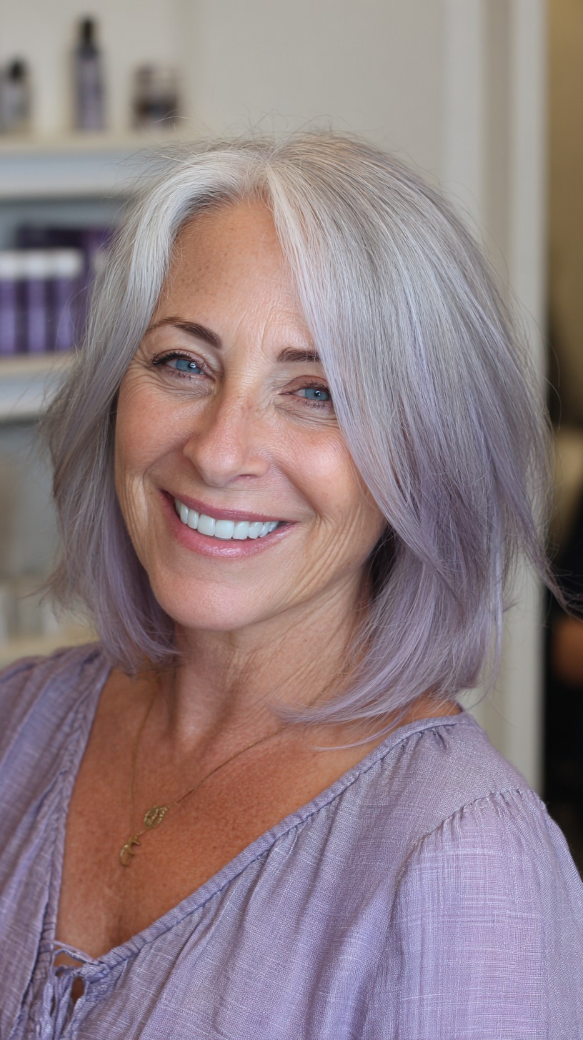 Lavender-Silver Layered LOB with Face-Framing Sweep