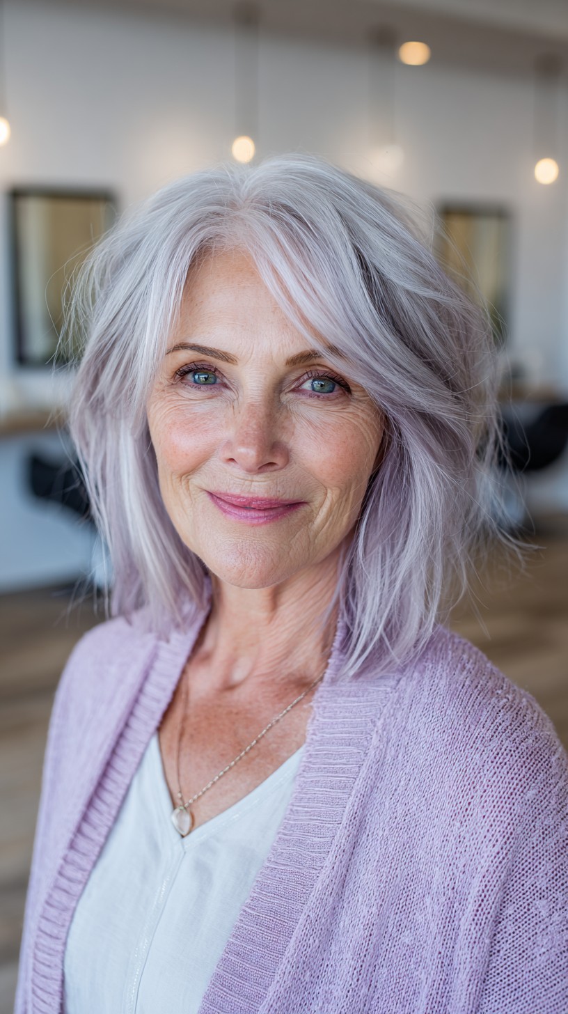 Lilac-Silver Textured Shoulder-Length Cut with Feathered Face-Framing