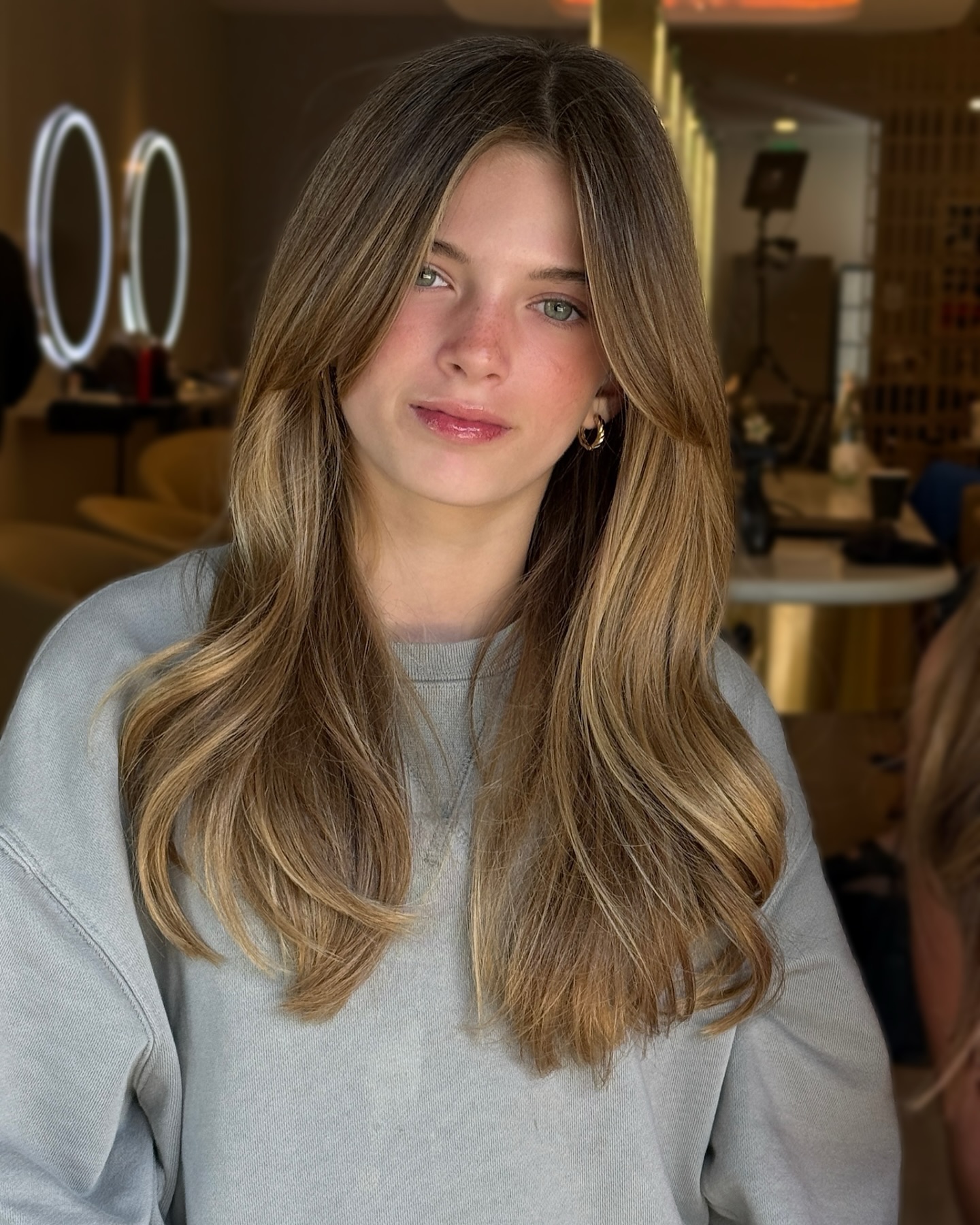 Long Face-Framing Curtain Layers with Root-Shadow Balayage