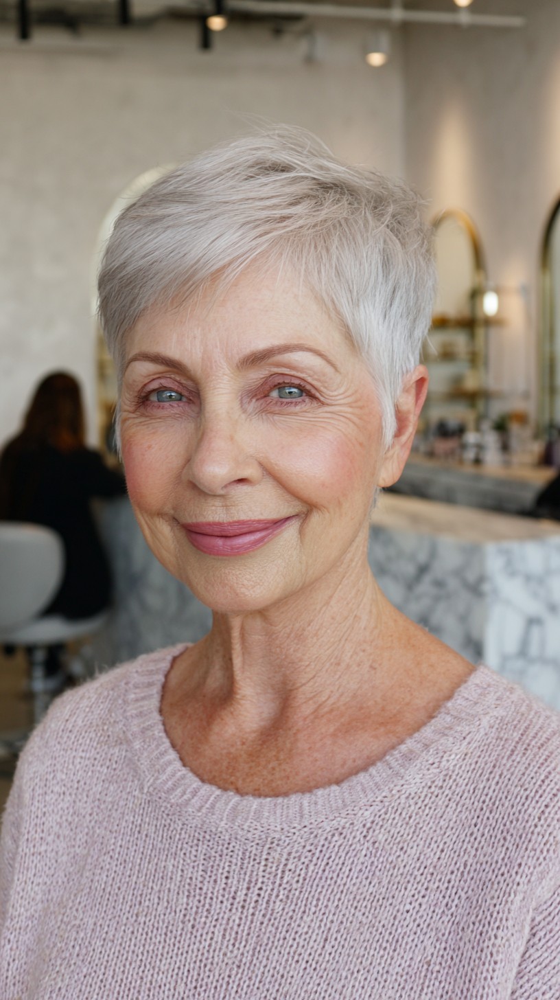 Pearl-White Short Pixie with Soft Micro-Fringe