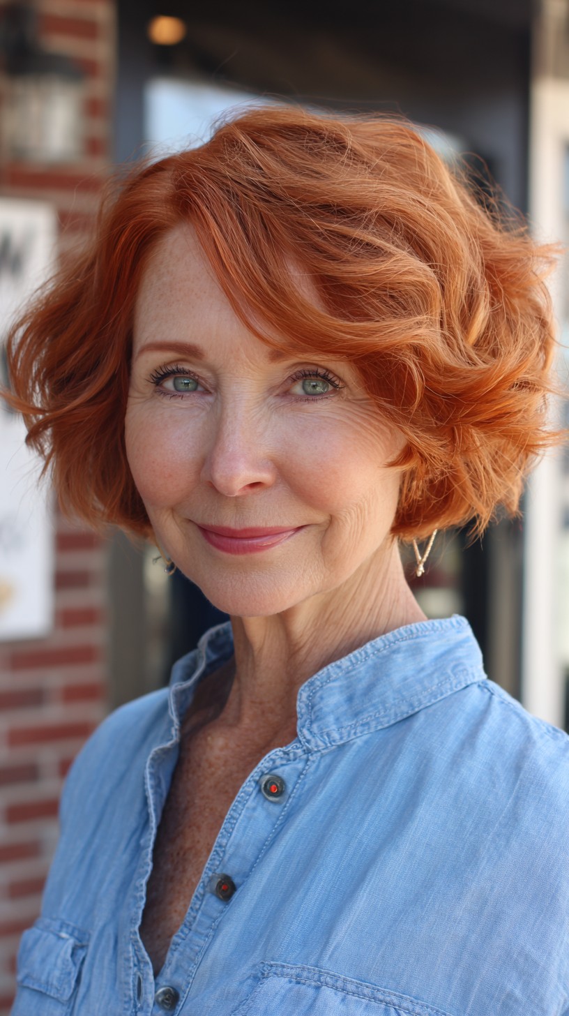 Playful Copper Textured Chin-Length Bob with Soft Side-Swept Wave