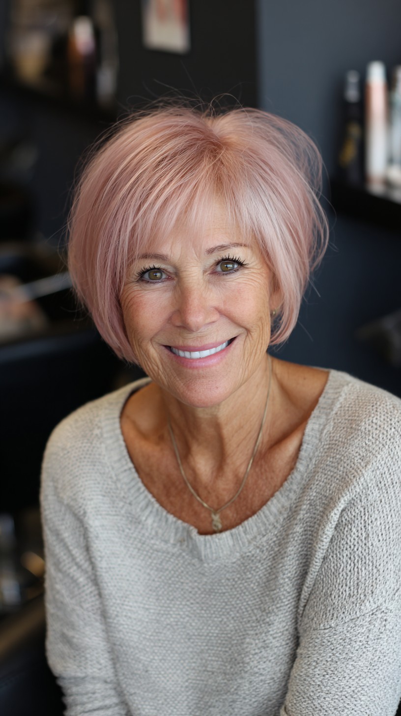 Rose-Taupe Stacked Chin-Length Bob with Feathered Fringe