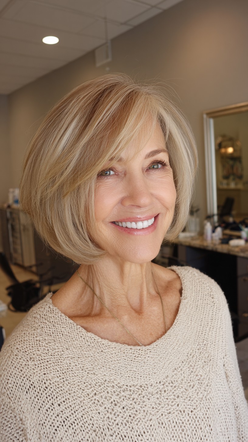 Rounded Ash Blonde Chin-Length Bob with Feathered Side Bang