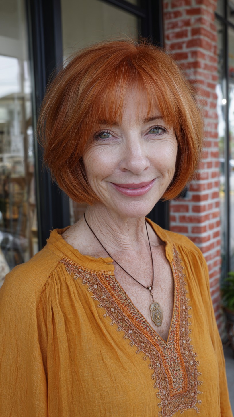 Rounded Auburn Chin-Length Bob with Blunt Fringe