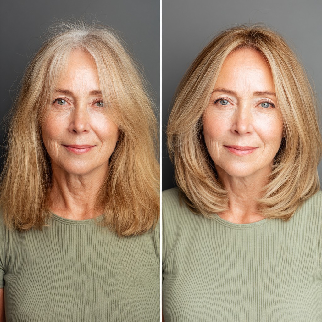 Rounded Shoulder-Length Layers with Face-Framing Feathering and Root Shadow