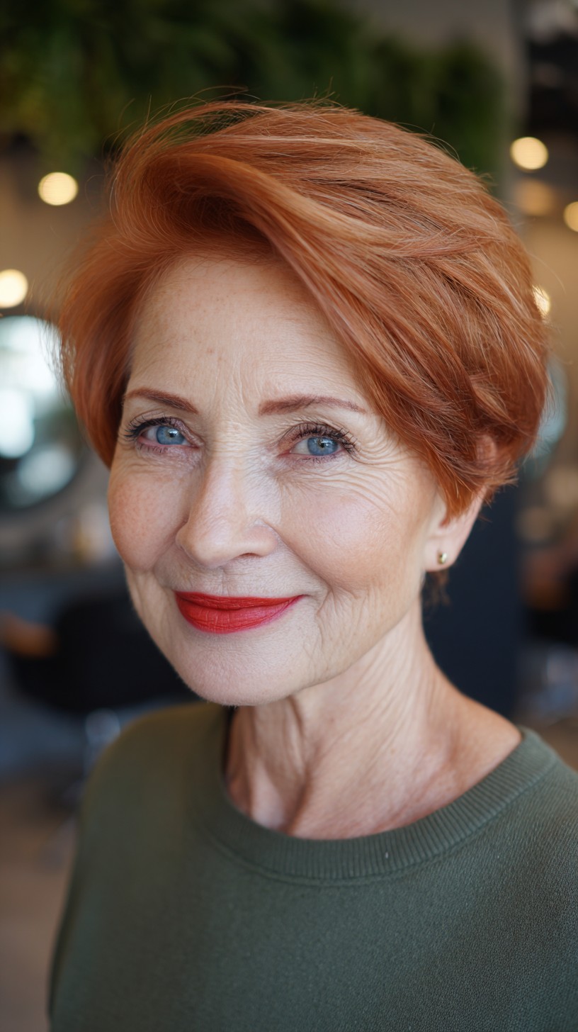 Short Copper Side-Swept Pixie with Crown Lift