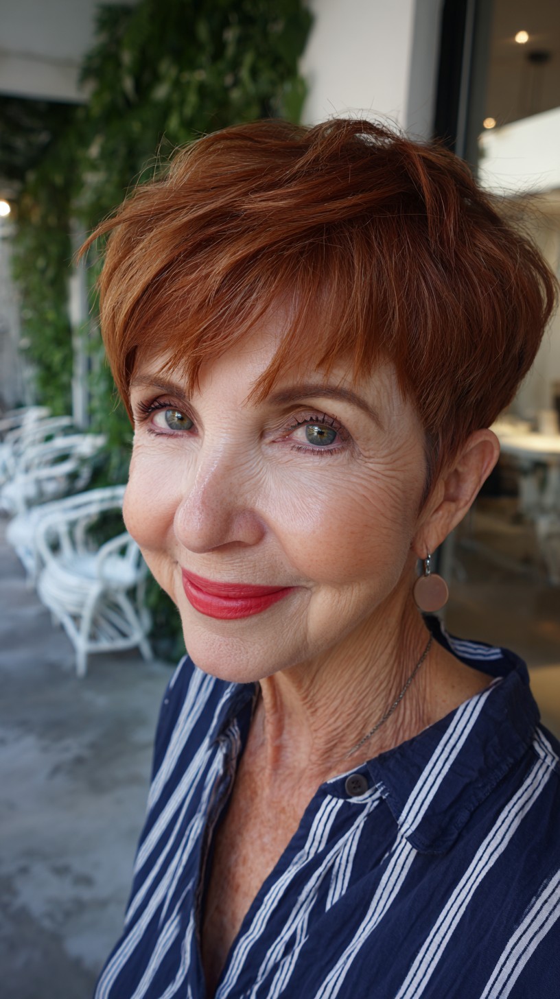 Short Feathered Copper Pixie with Soft Micro Fringe