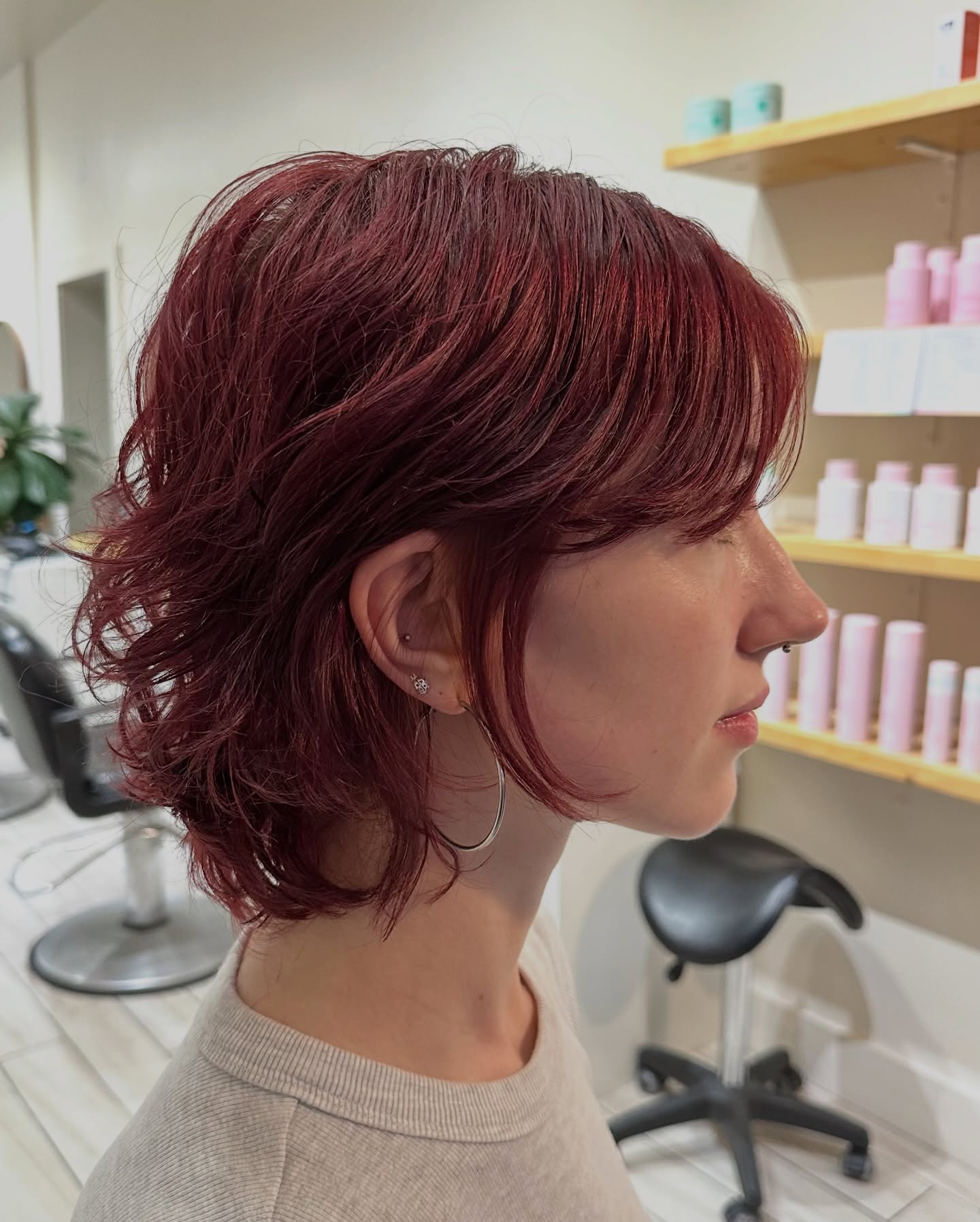 Short Layered Shag with Face-Framing Pieces and Deep Burgundy Gloss