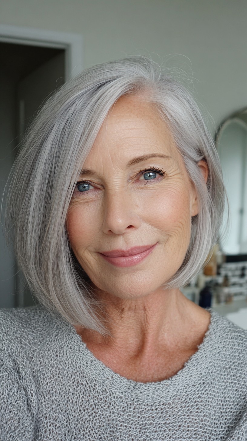 Silver Angled Chin-Length Bob with Soft Interior Graduation