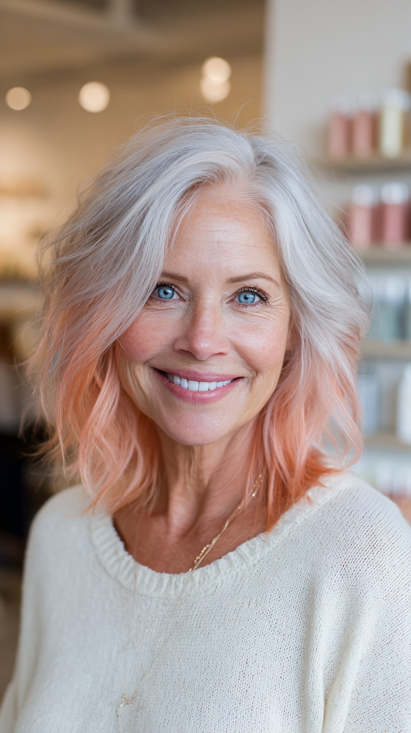 Silver-Rooted Peach Pastel Lob with Face-Framing Layers