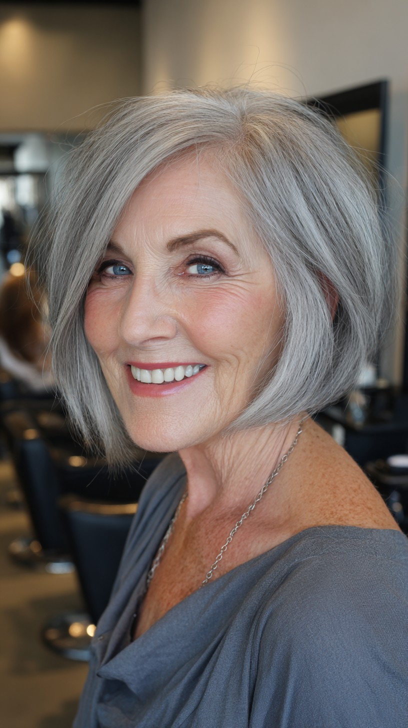 Silver Stacked Chin-Length Bob with Face-Framing Graduation