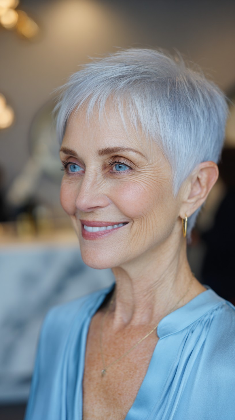 Silver Wispy Pixie with Micro Fringe and Soft Nape Taper