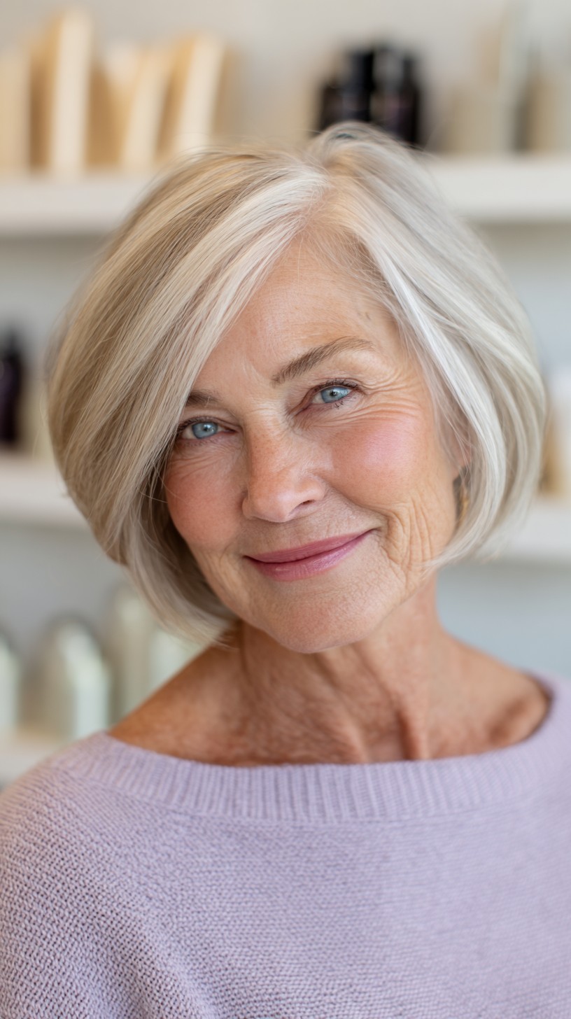 Silvery Angled Chin-Length Bob with Face-Framing Sweep