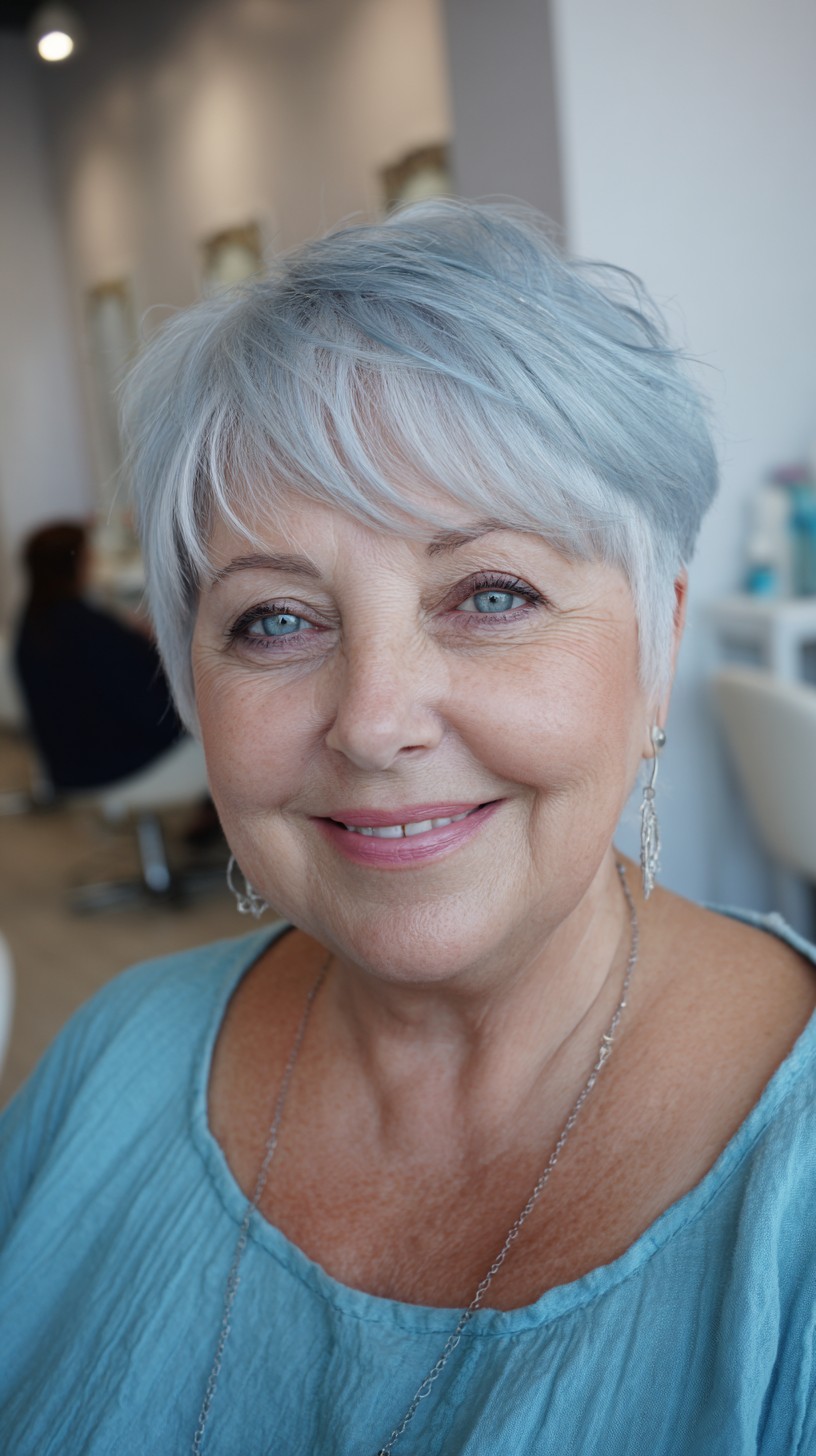 Soft Blue-Silver Textured Pixie with Side-Swept Feathered Fringe