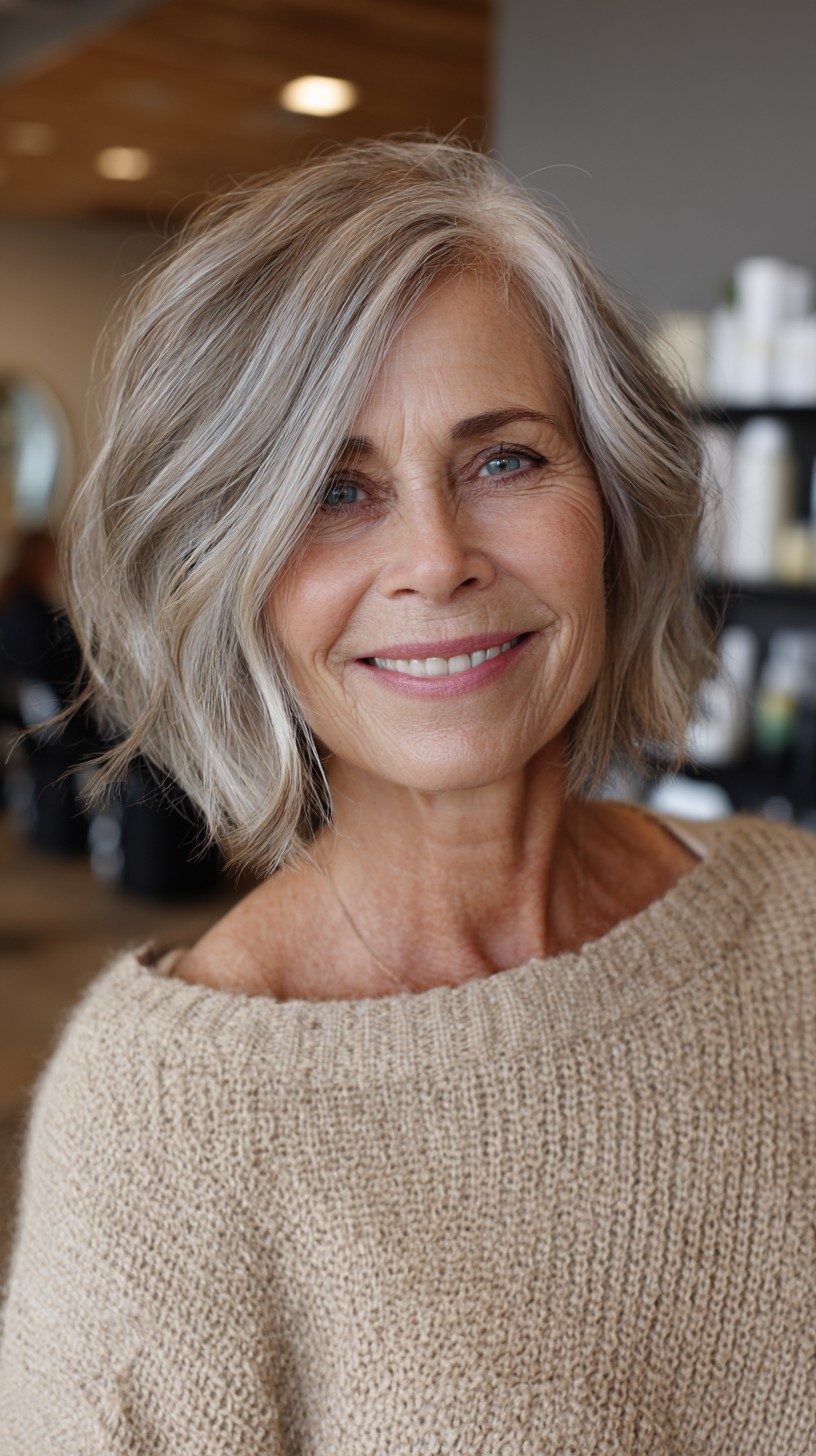 Soft Graduated Silver Lob with Side-Swept Face-Framing Layers