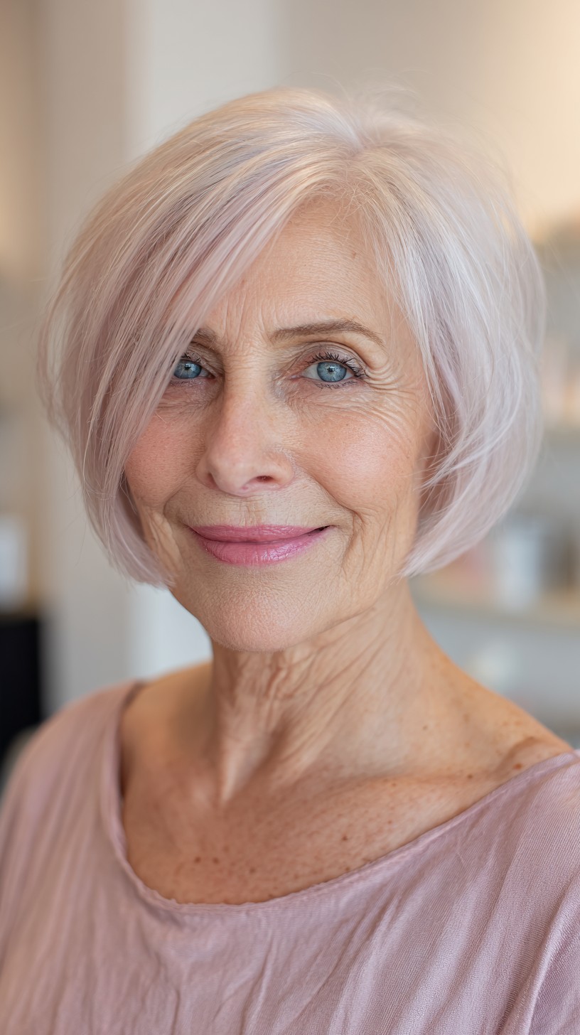 Pastel Rose-Ash Graduated Bob with Long Side-Swept Fringe