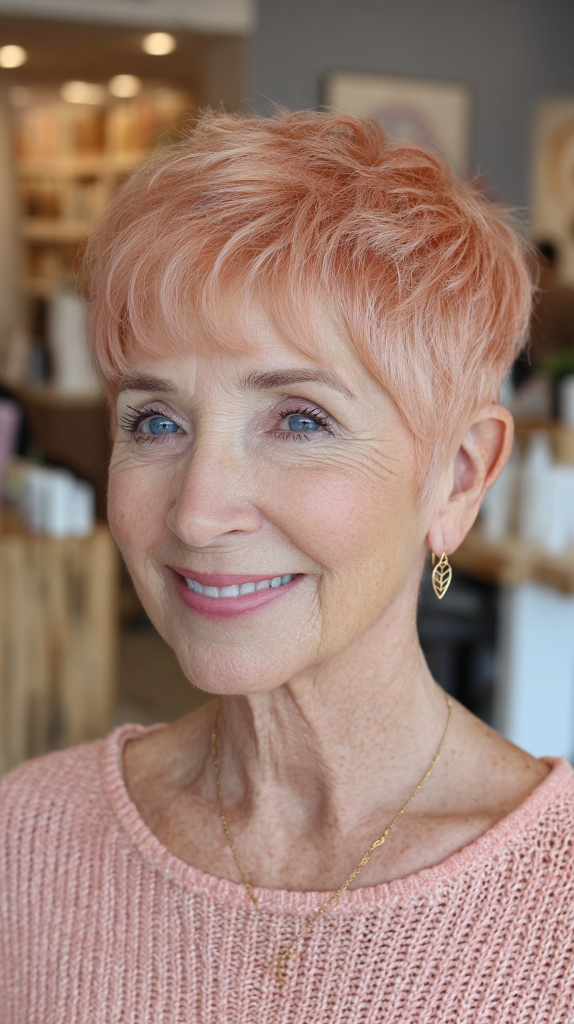 Soft Peach Textured Pixie with Micro-Feathered Fringe