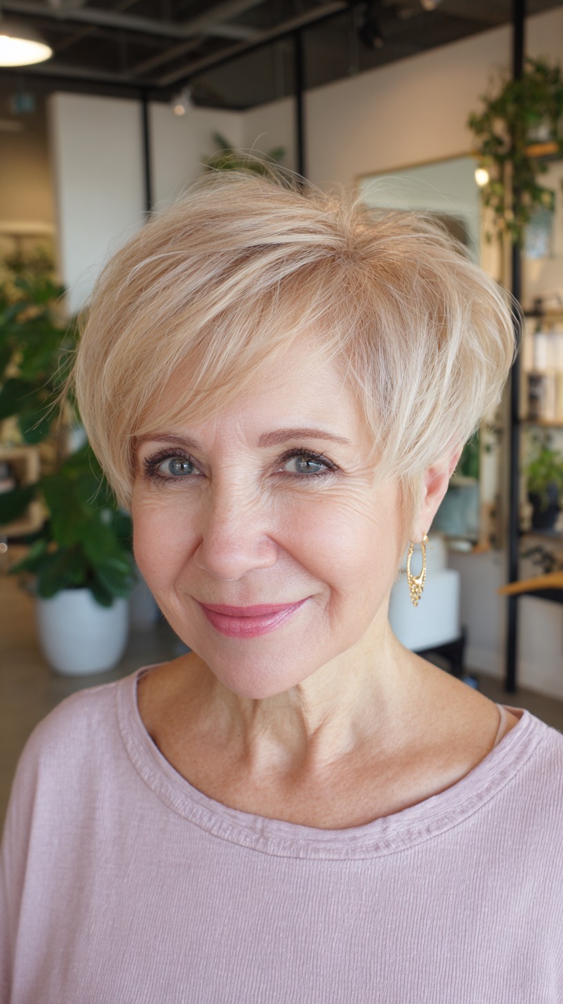 Soft Platinum Pixie with Side-Swept Fringe and Crown Lift
