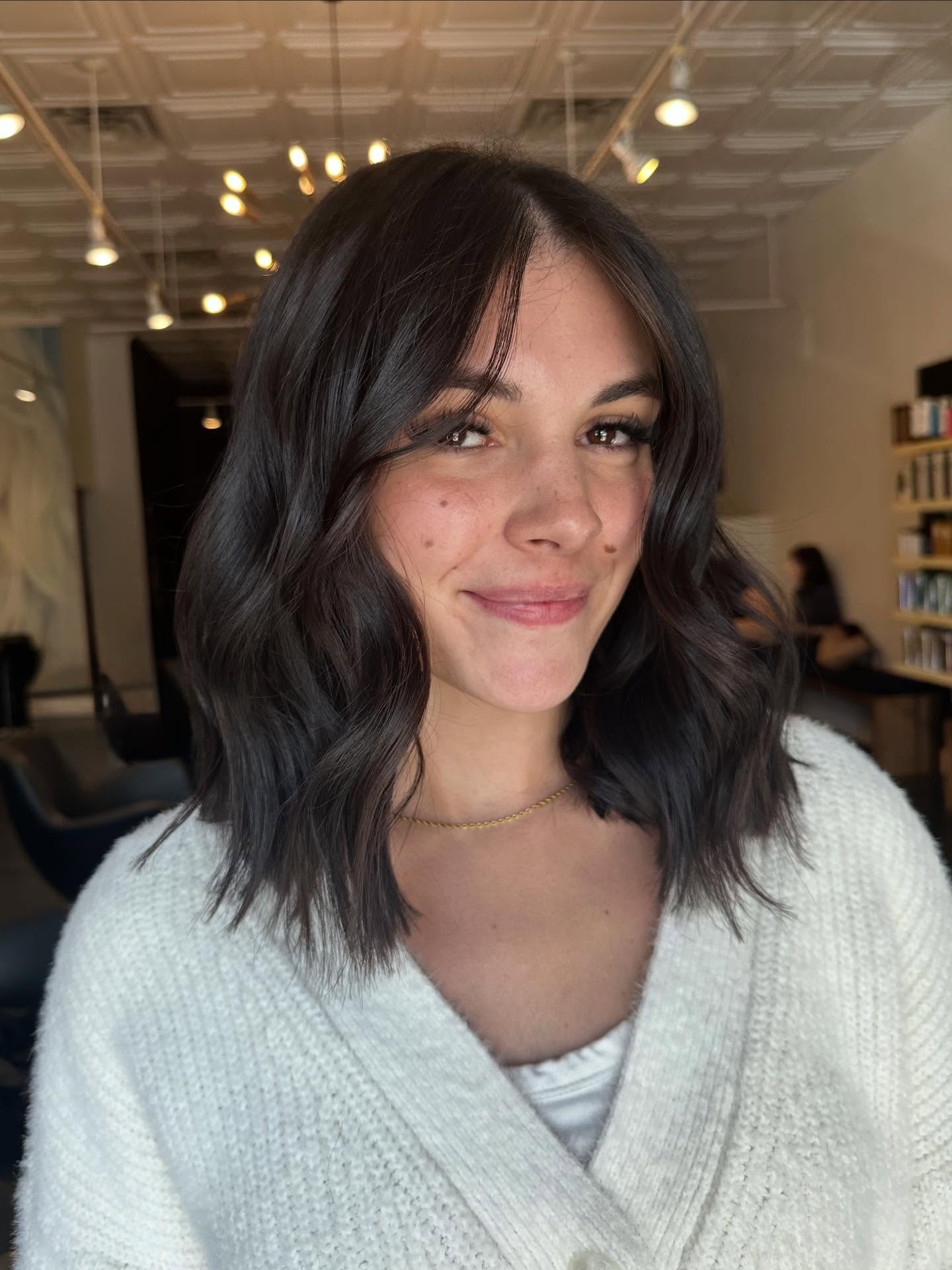 Soft Shoulder-Length Lob with Curtain Fringe and Internal Texturizing