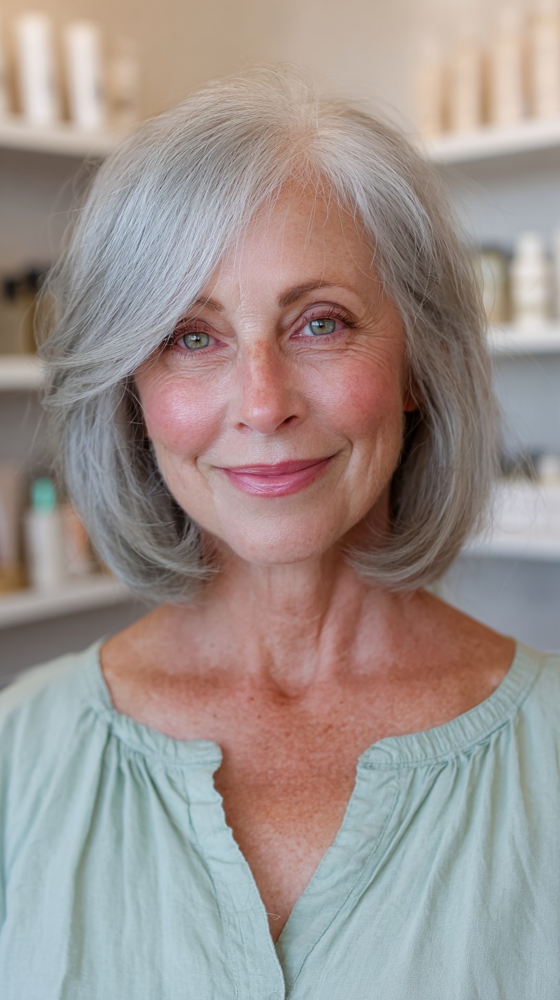 Soft Silver Angled Bob with Face-Framing Sweep