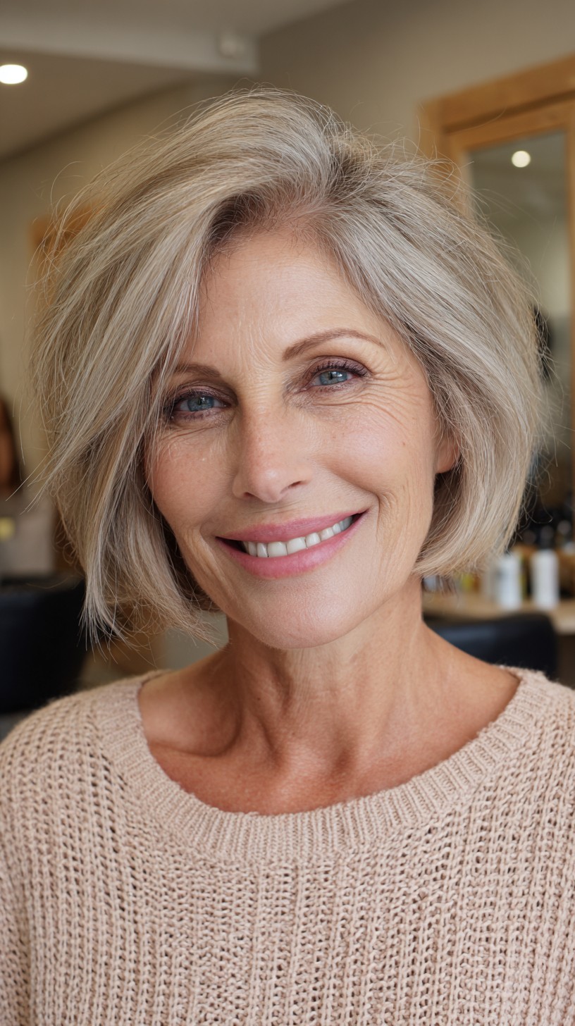 Soft Silver-Beige Chin-Length Bob with Volumized Crown