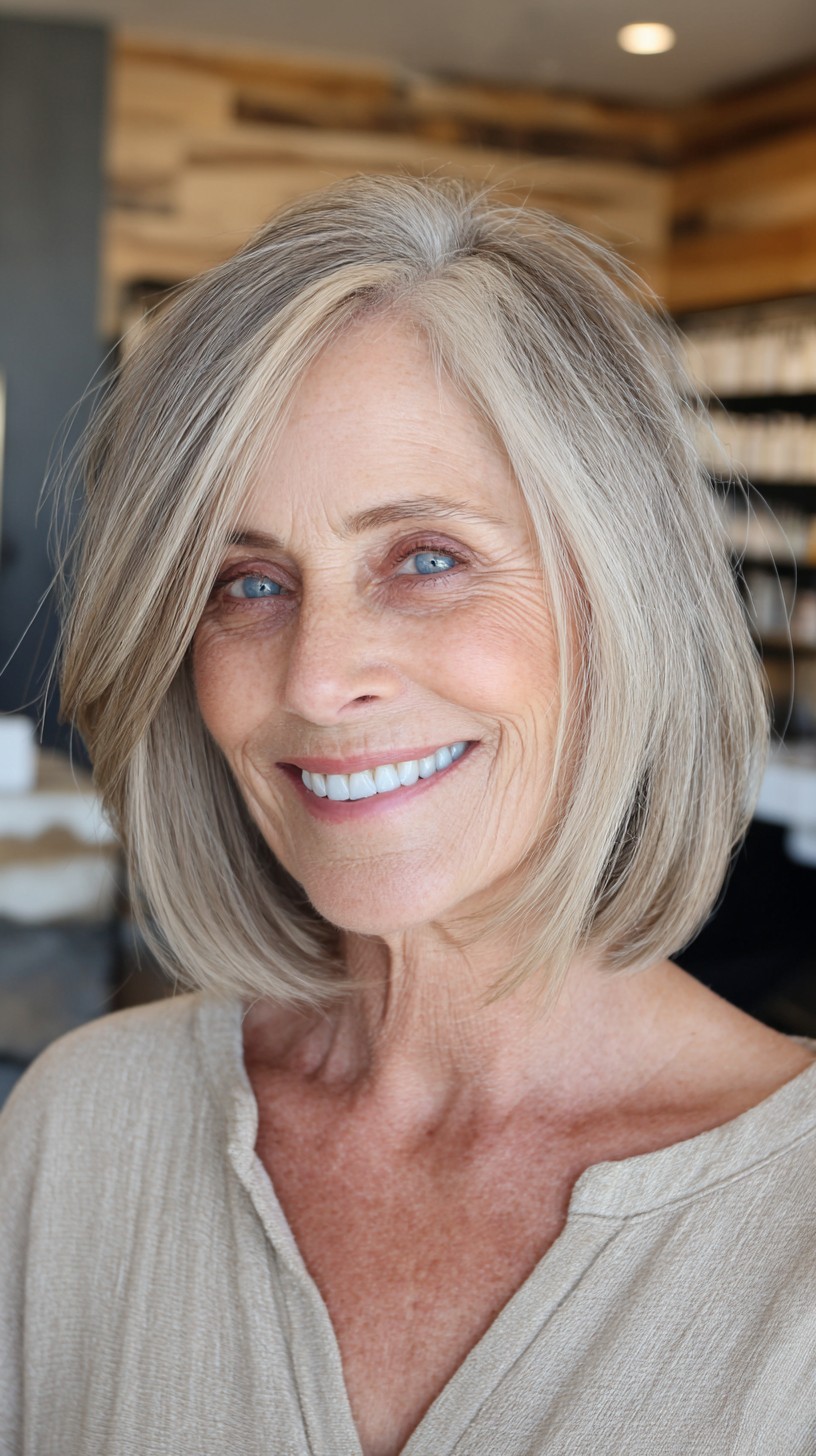 Soft Silver Face-Framing Lob with Subtle Root Melt