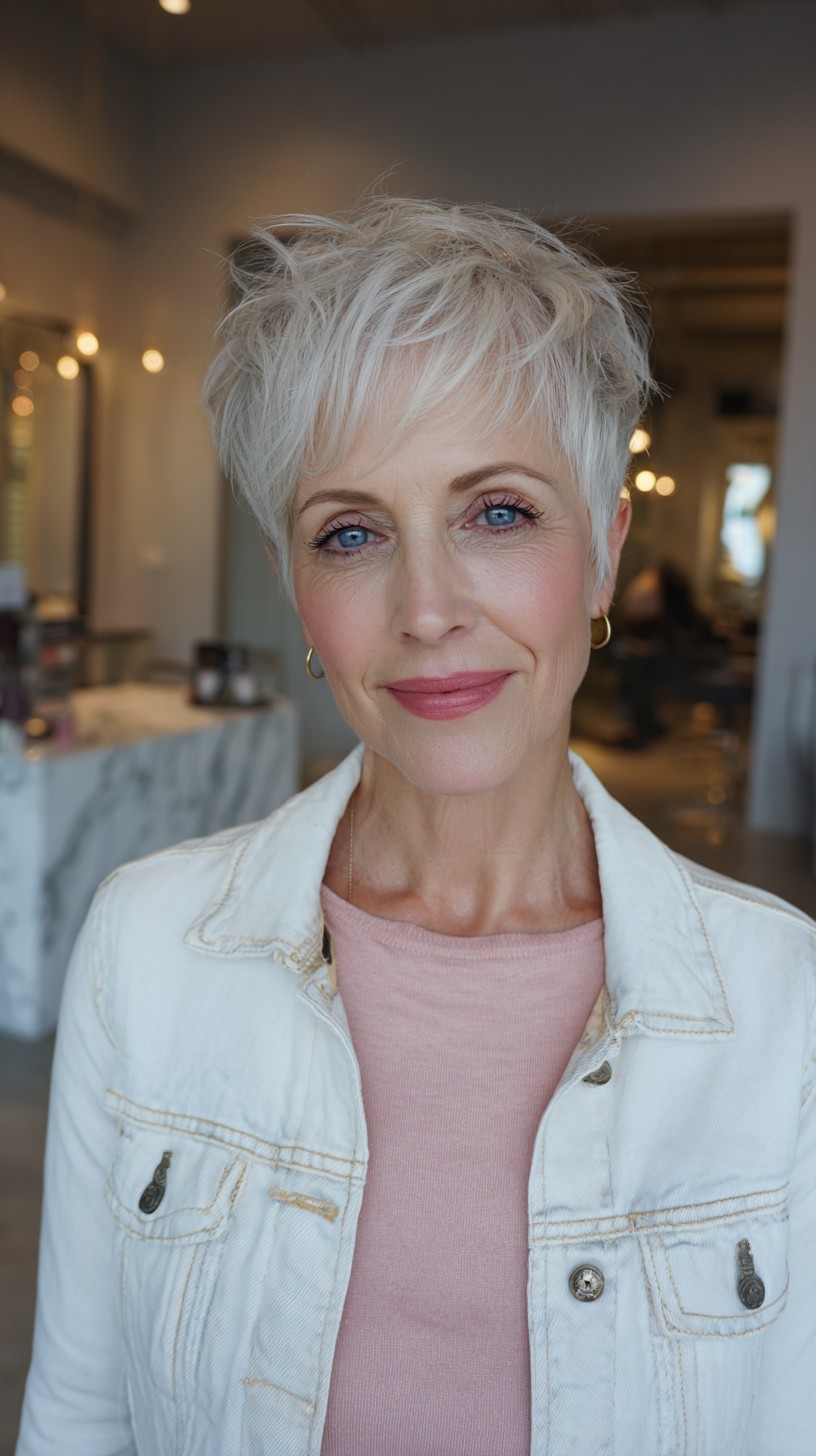 Soft Silver Pixie with Feathered Fringe and Textured Crown